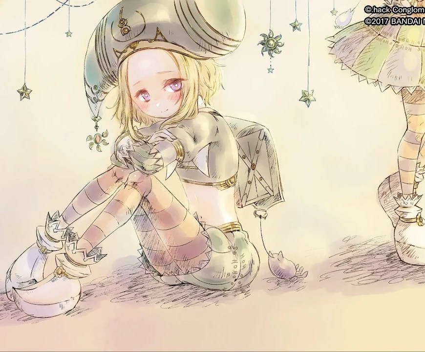 A boy named Bo sitting beside his sister, Saku, who is standing. Only her legs and skirt are visible. There is a curtain to the left and stars and crescent moons dangling around Bo.