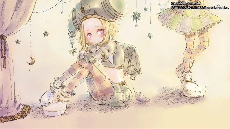 A boy named Bo sitting beside his sister, Saku, who is standing. Only her legs and skirt are visible. There is a curtain to the left and stars and crescent moons dangling around Bo.